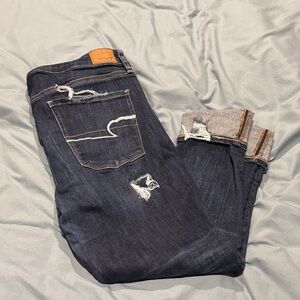 American Eagle Outfitters Dark Blue Distressed Jeans-Short Length